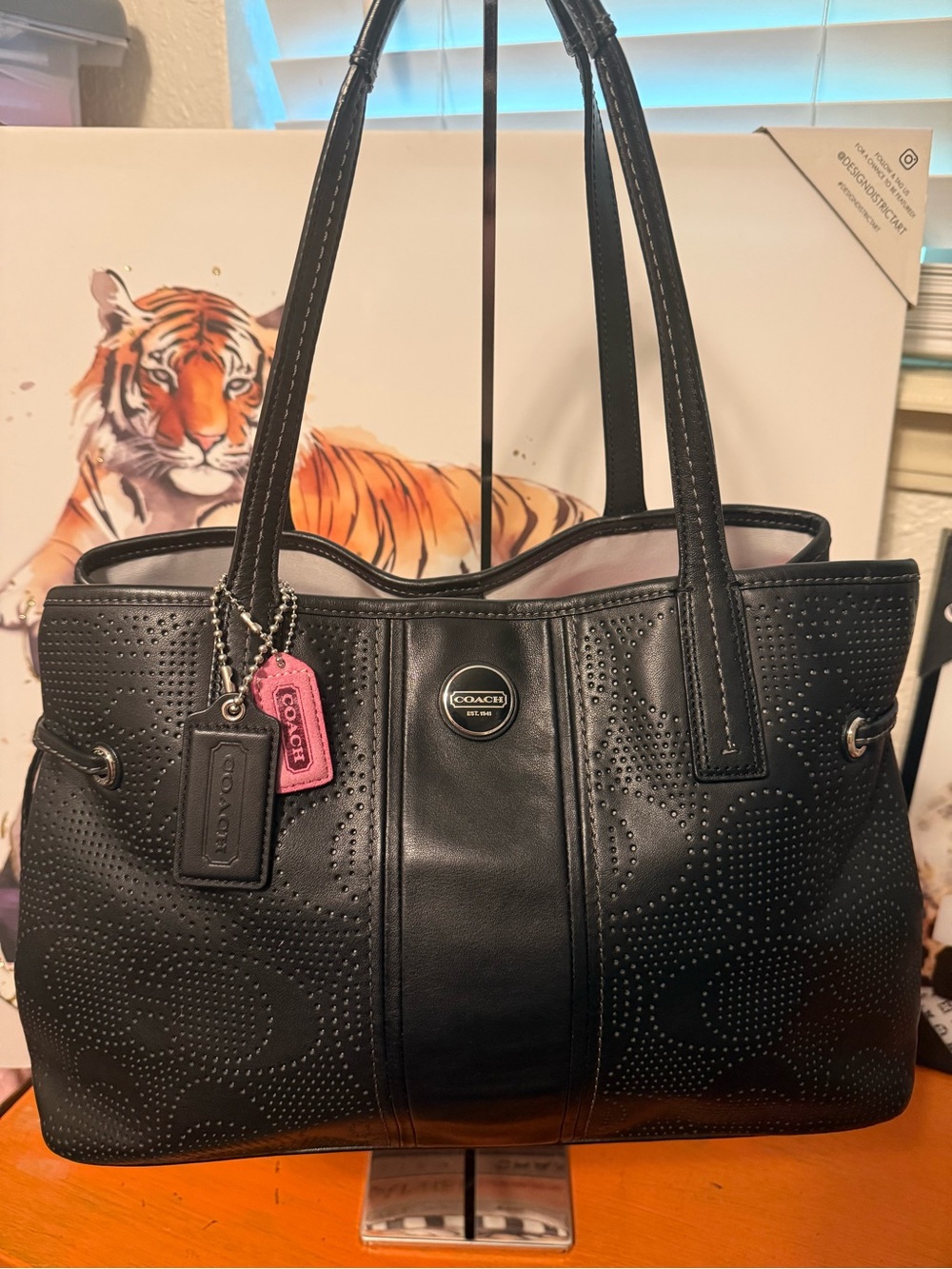 Coach Black Perforated Leather Tote with Pink Tag EUC